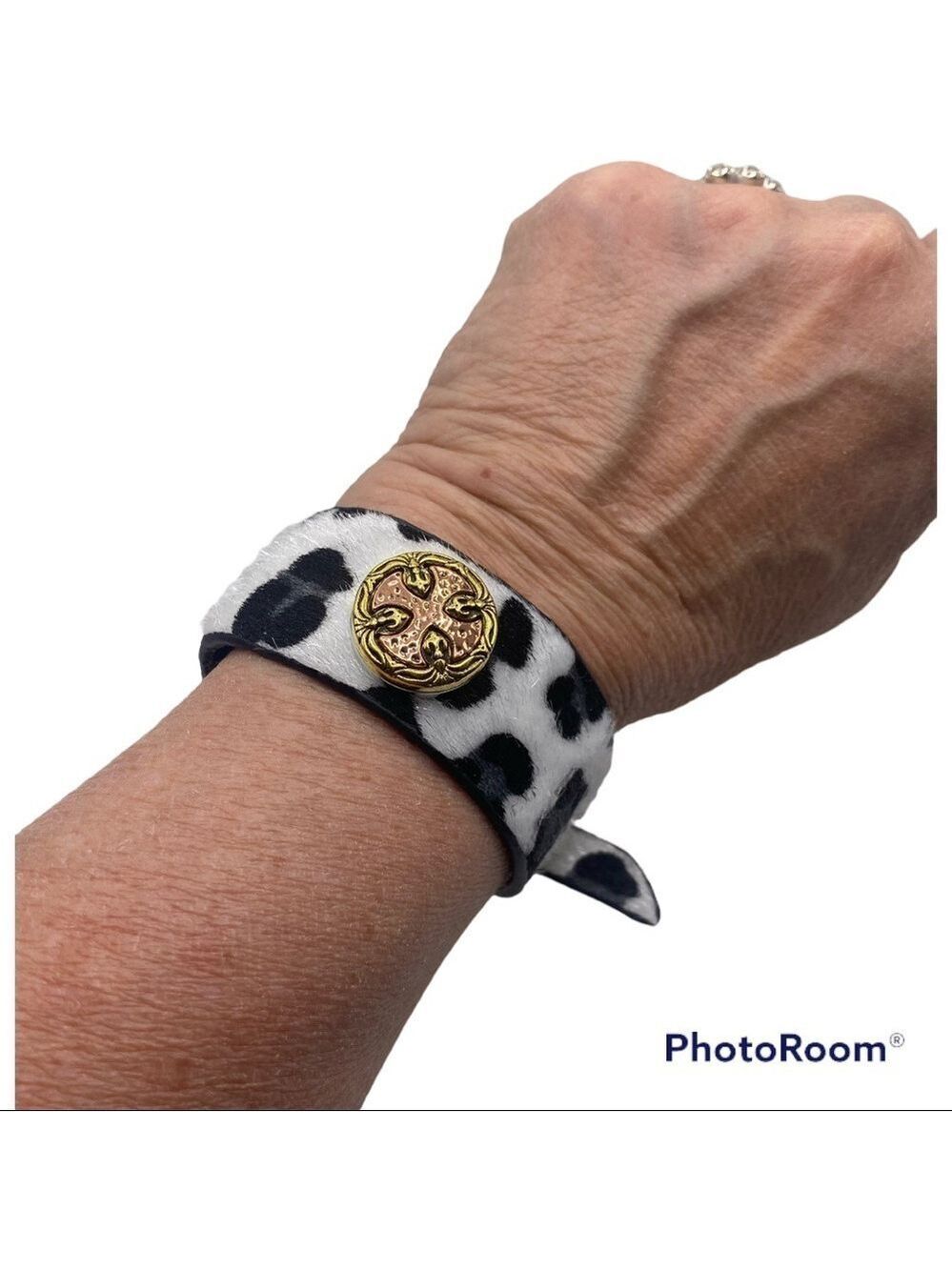 Fun Faux Cow Hide Snap Bracelet w/ Brass Colored Celtic Cross! Size: Small-Med